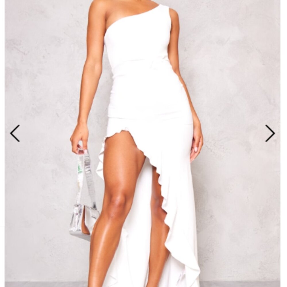 White One Shoulder Ruffle Hem Maxi Dress